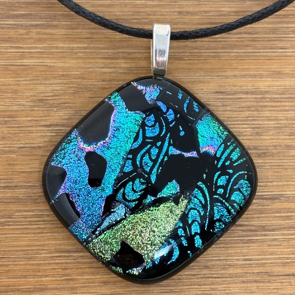Blue Dichroic Glass Square Pendant