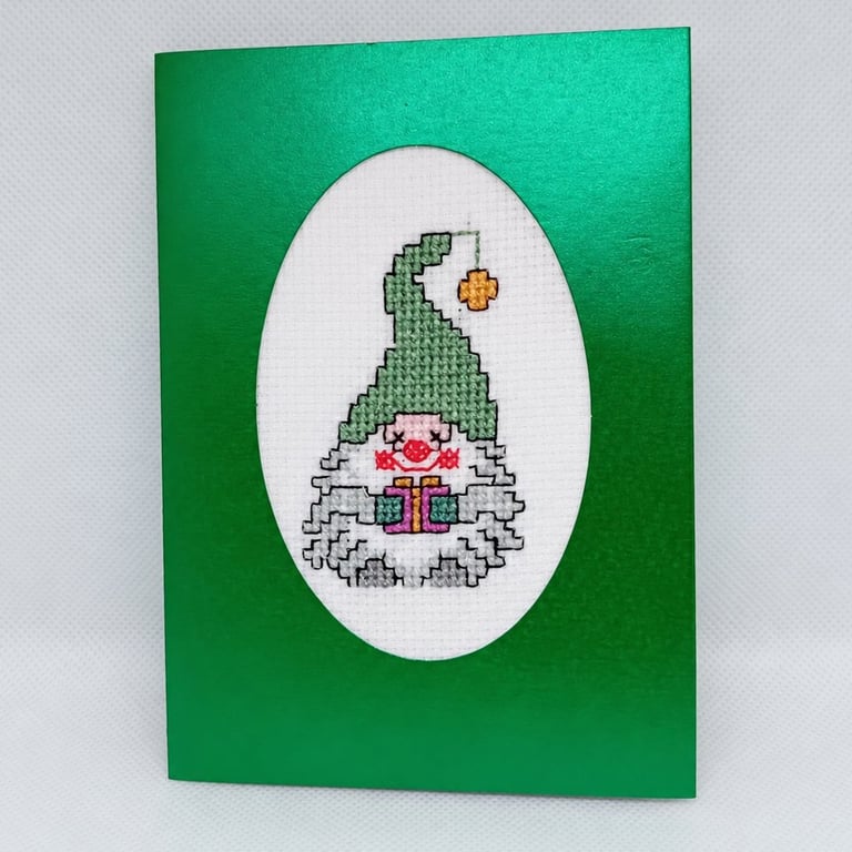 Handmade Cross Stitch Christmas Gonk Card – Green – 6 x 4 Inch