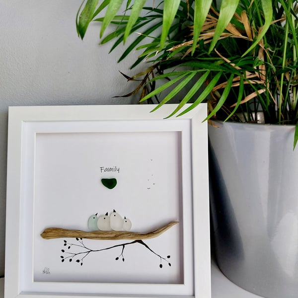 Sea Glass Bird Family Picture - 3D Beach Glass Birds on a Branch, Framed Art