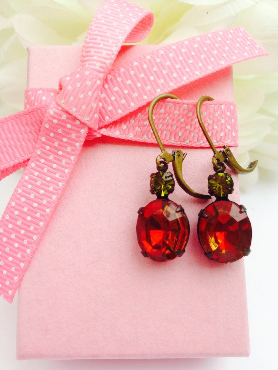 vintage red topaz and olivine earrings