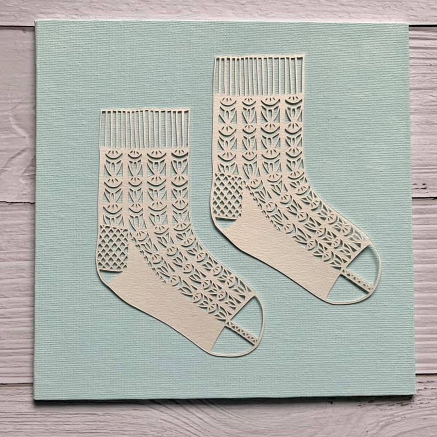 'Lacy Socks' Original Hand Cut Papercut on Canvas