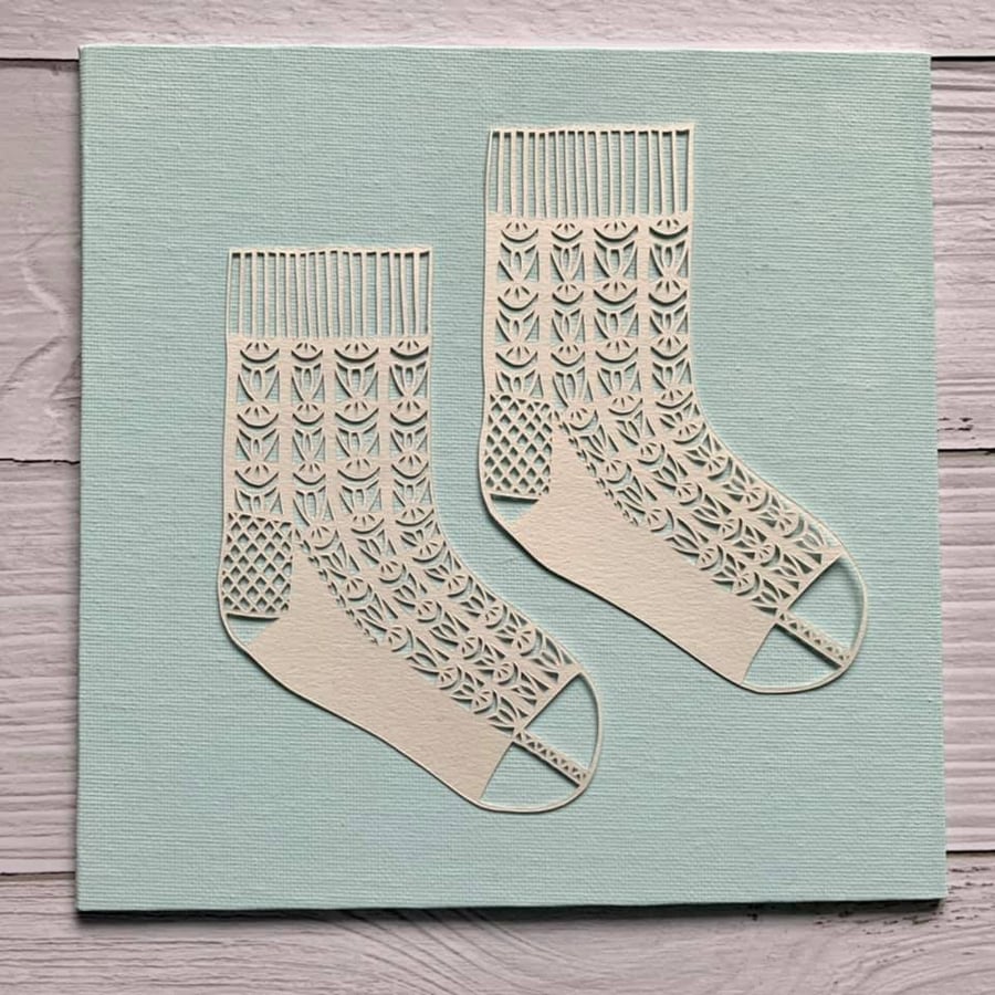 'Lacy Socks' Original Hand Cut Papercut on Canvas
