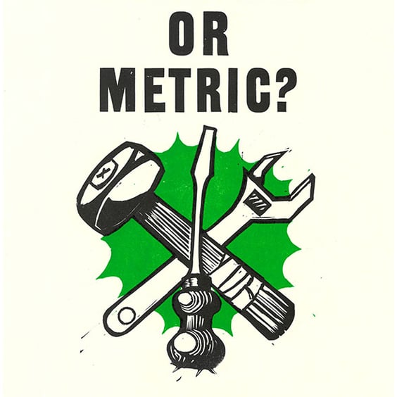 "Imperial or Metric?" A3 letterpress and lino-cut print