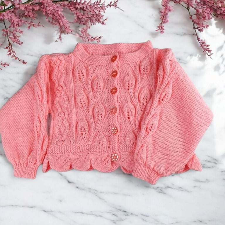 Pink Hand Knitted Baby Cardigan, Girls Knitwear 1-2 Years, Leaf & Cable Pattern