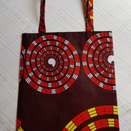 African tote bag: red and yellow spirals 