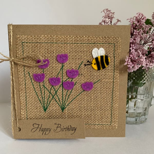 Birthday Card. Purple flowers with a bee. Wool Felt. Handmade. 
