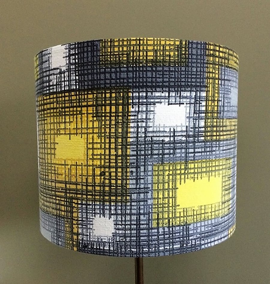 Mid Century 50s 60s  Abstract Rectangles Grey Barkcloth Vintage Fabric Lampshade