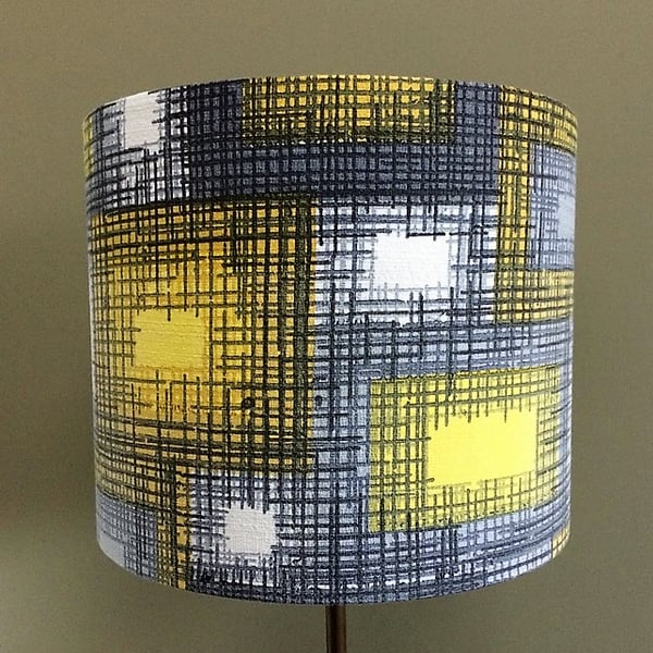 Mid Century 50s 60s  Abstract Rectangles Grey Barkcloth Vintage Fabric Lampshade