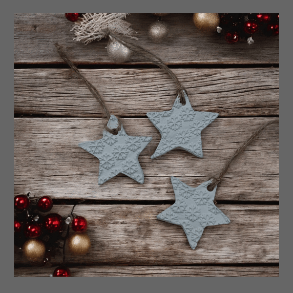 Set of 3 Snowflake Embossed Stars Hanging White Christmas Tree Decorations