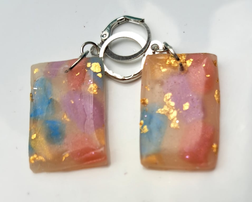 Lovely oblong earrings, blue, pink and gold leaf