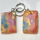 Lovely oblong earrings, blue, pink and gold leaf