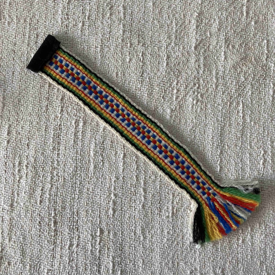 Hand Woven Bookmark - Wool White Red Yellow Blue Green Sami Band Weaving BkMK5