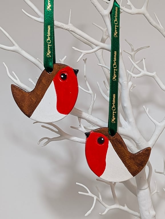 Clay robin Christmas tree decoration,  garden bird Christmas decor 
