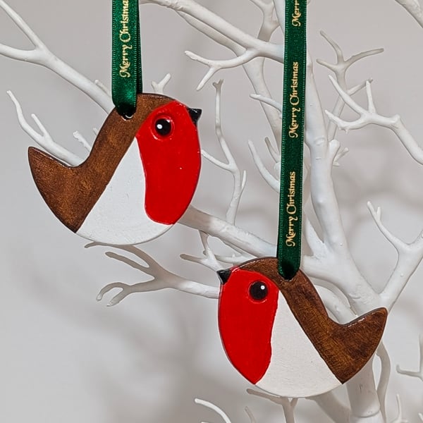 Clay robin Christmas tree decoration,  garden bird Christmas decor 