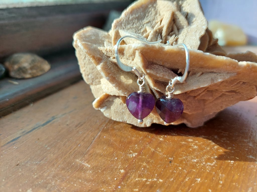 Sterling Silver Facetted Amethyst Heart Earrings