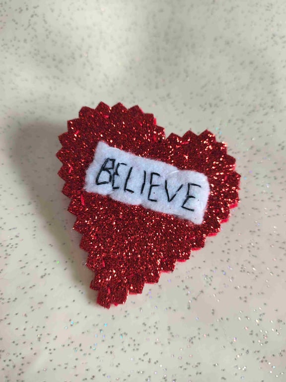 Handmade glitter felt believe heart brooch