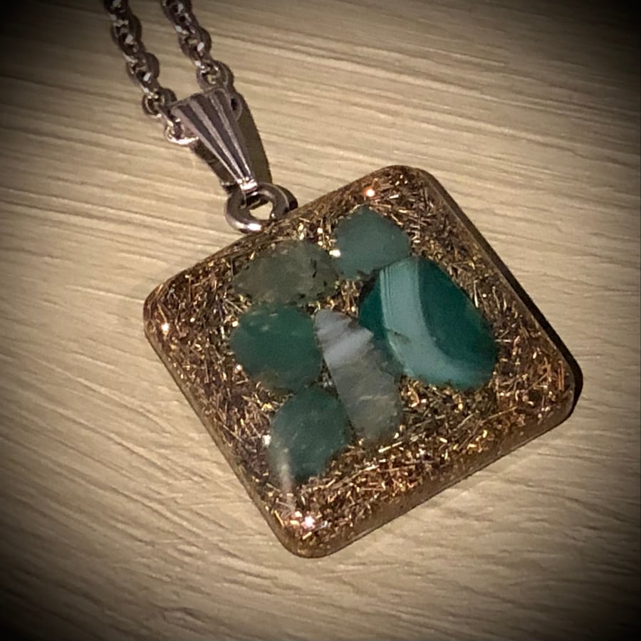 Crystal Energy Square Pendant with Green Agate crystals (medium)