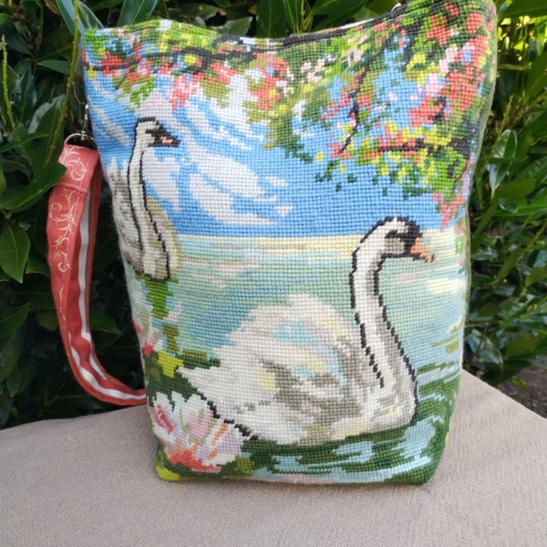  Vintage Tapestry of 2 Swans Handbag with Adjustable Strap Unique Bespoke Gift
