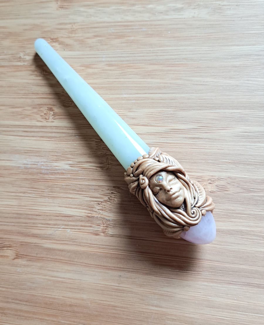 New Jade Serpentine, Rose Quartz and Polymer Clay Goddess Wand