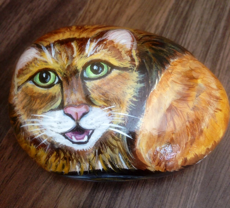 Cat hand painted on rock 