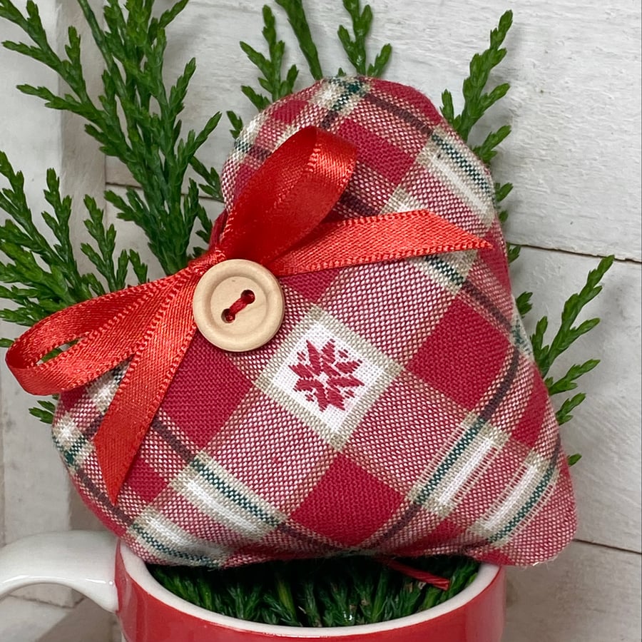 RED PLAID HEART DECORATION - with red snowflake motif