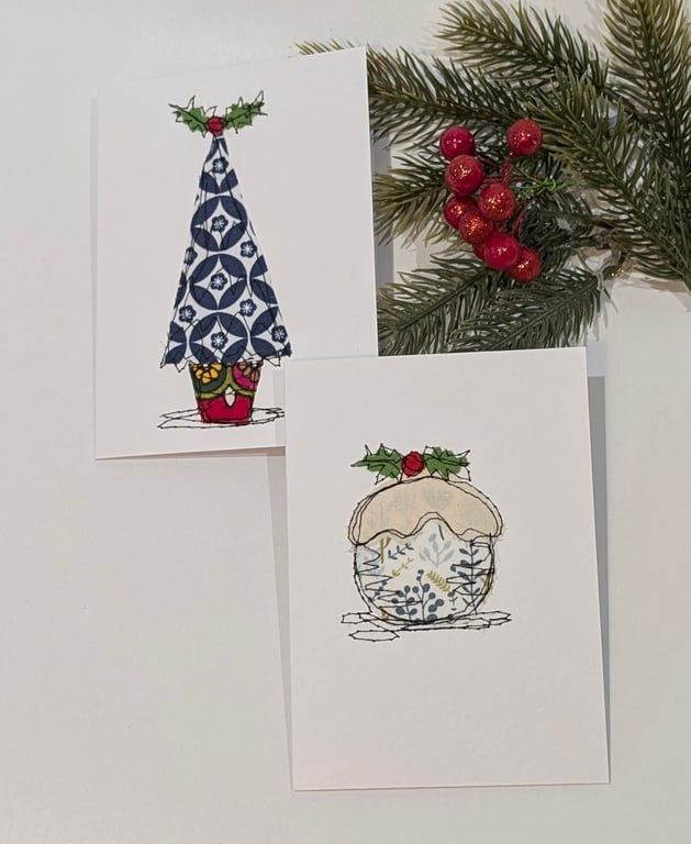 Handmade Free Machine Embroidered Christmas Cards (Pack of 4)
