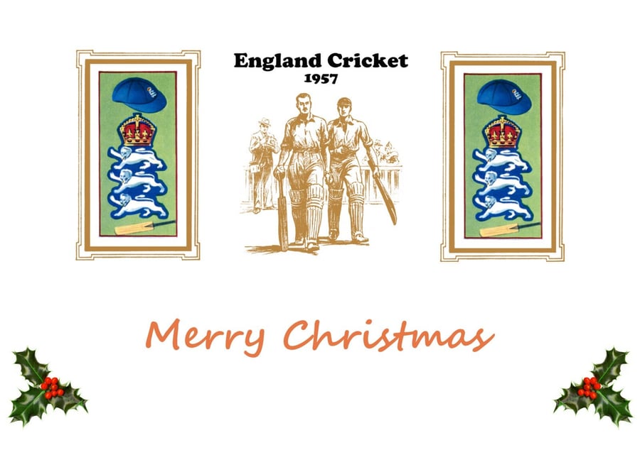 Christmas card cricket vintage 1957 England badge design. FREE UK P&P