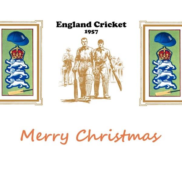 Christmas card cricket vintage 1957 England badge design. FREE UK P&P