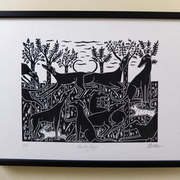 ARTIST PROOF SALE Hunting Dogs Greyhounds Original landscape Lino Print 