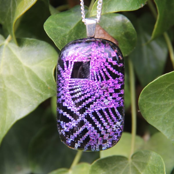 Handmade Pink Purple Dichroic Pendant Necklace pattern Fused Glass  SKU F26