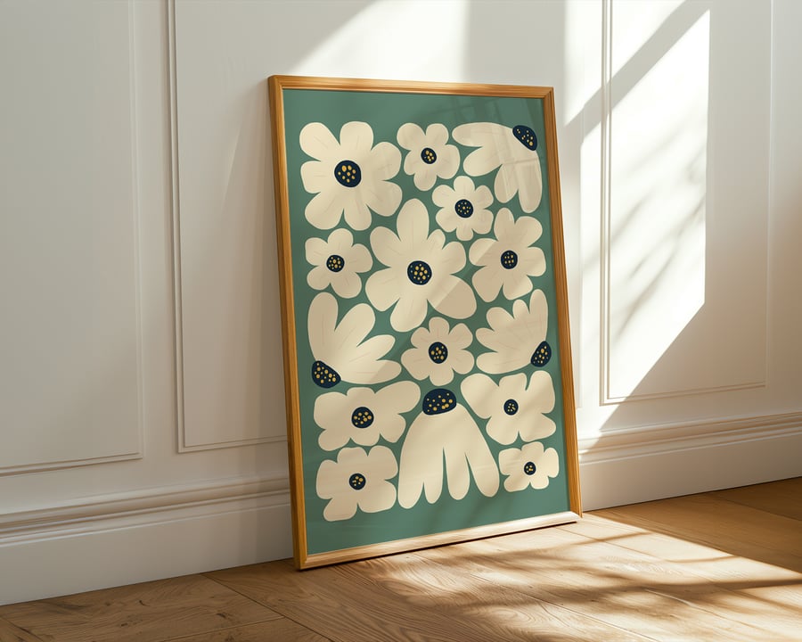 Neutral Floral Art Print - Minimalist Daisy Wall Decor in Sage Green