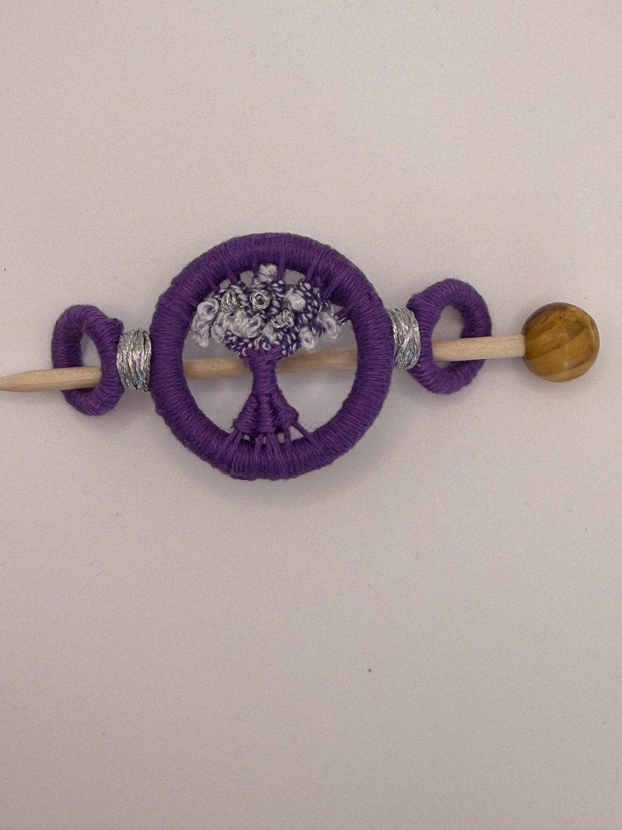 Handmade Dorset Button Shawl Pin - Lilac Silver & White Wooden Scarf Stick
