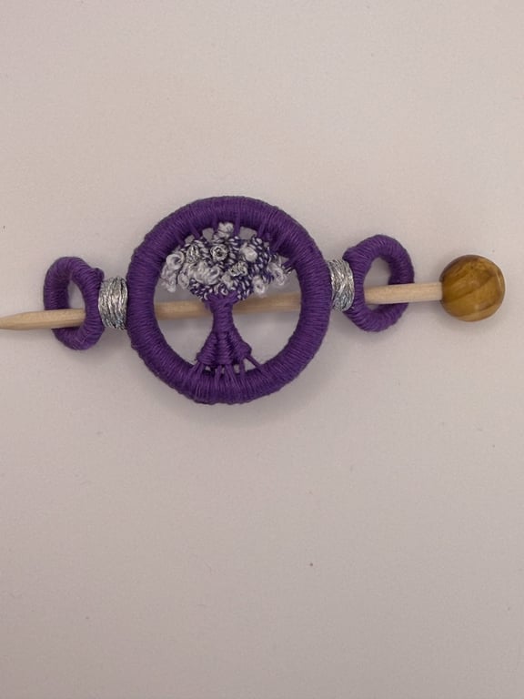 Handmade Dorset Button Shawl Pin - Lilac Silver & White Wooden Scarf Stick
