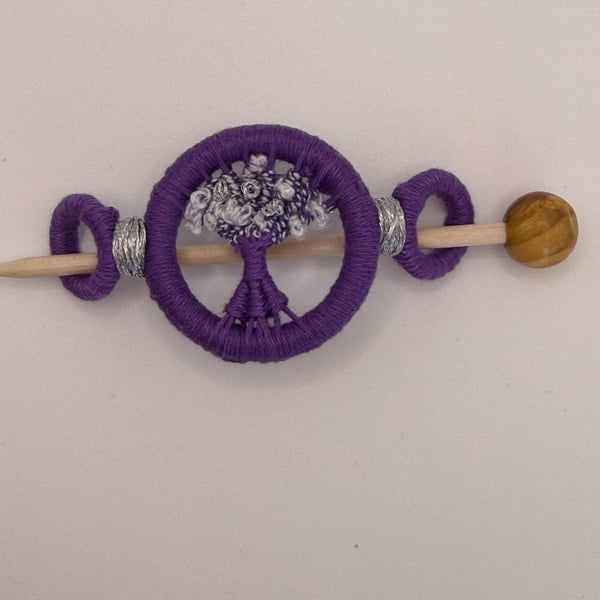 Handmade Dorset Button Shawl Pin - Lilac Silver & White Wooden Scarf Stick