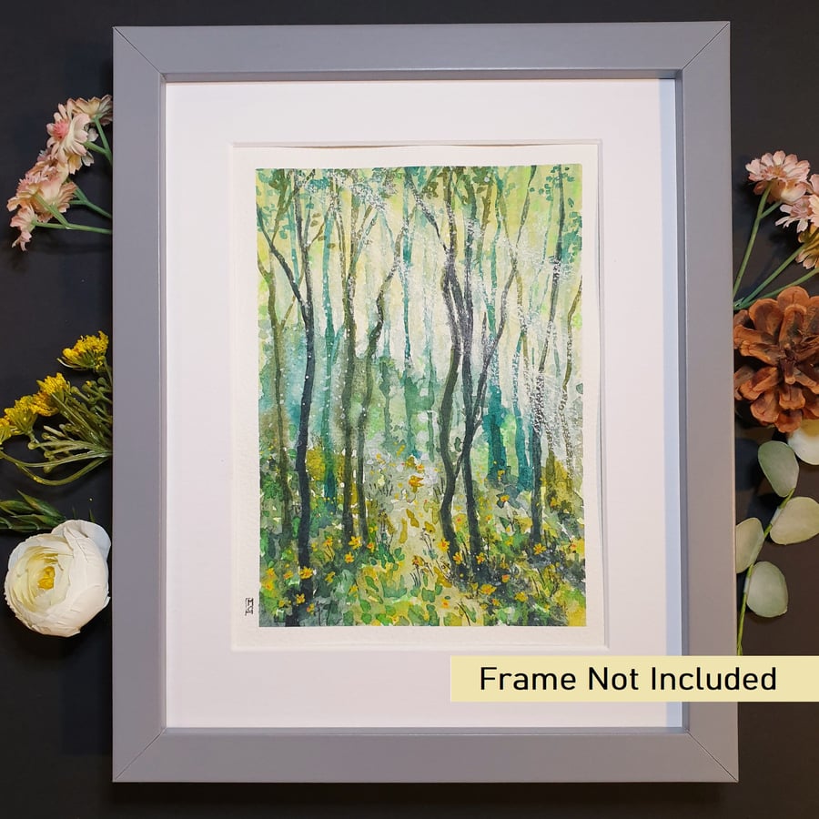 Cool Green Forest, original watercolour painting with mixed media, artwork