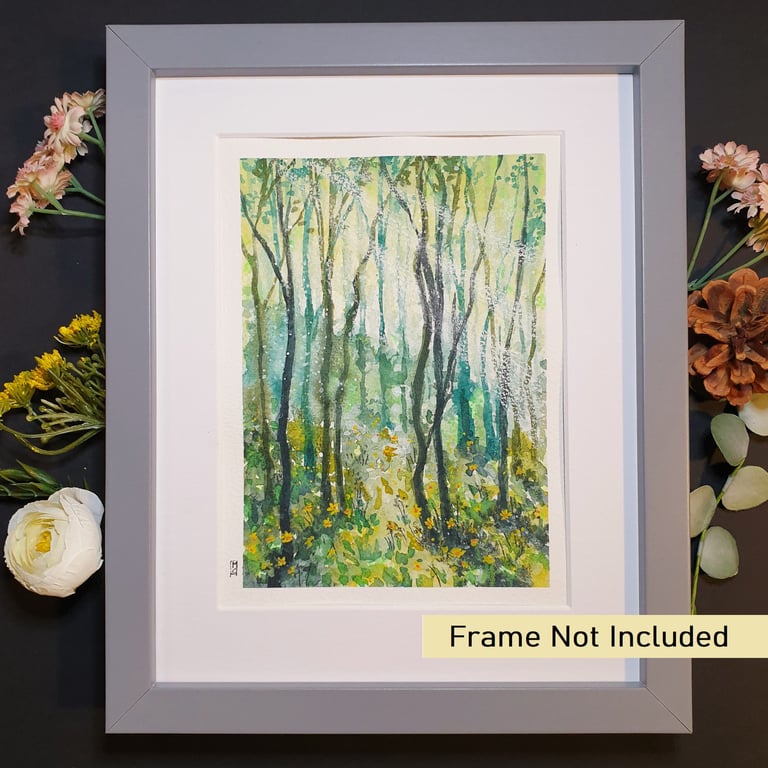 Cool Green Forest, original watercolour painting with mixed media, artwork