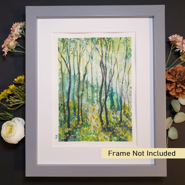 Cool Green Forest, original watercolour painting with mixed media, artwork