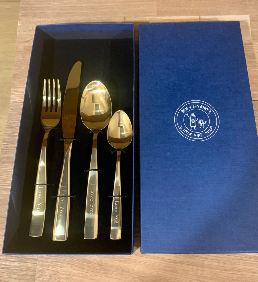 Personalised Engraved Gold Adult 4 Piece Cutlery Set in Bespoke Giftbox
