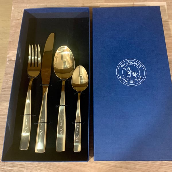 Personalised Engraved Gold Adult 4 Piece Cutlery Set in Bespoke Giftbox