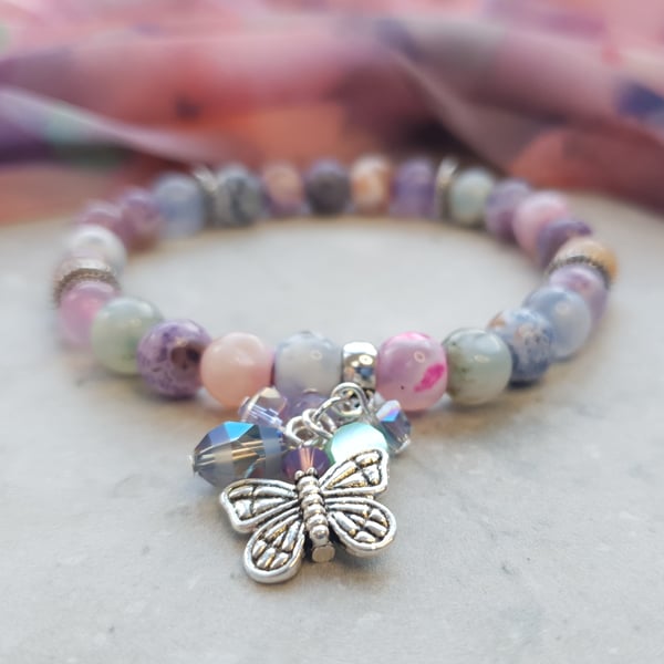 Agate Semi Precious Pastel Mix Stretch Bracelet With Butterfly and Crystal Charm