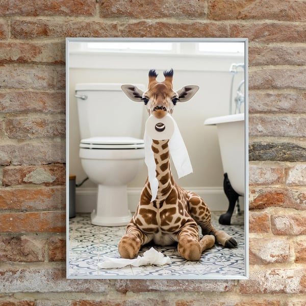 Giraffe with a loo roll in its mouth Bathroom Wall Prints
