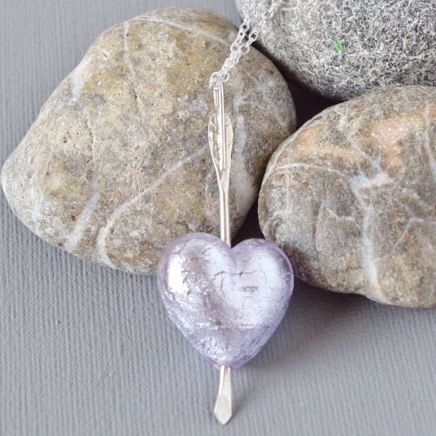 Cupid's Arrow Pale Violet Murano Heart Sterling Silver Arrow Necklace on Chain 