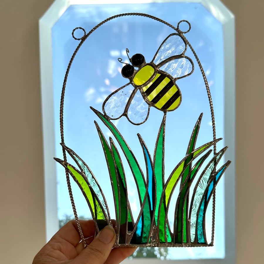 Stained Glass Bee over Grass Suncatcher  2- Handmade Window Decoration 