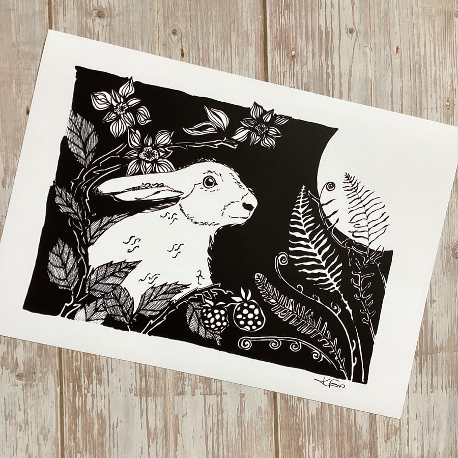 Hare Art, Black and White Hare print, Boho Wall Art, Hare lovers gift 