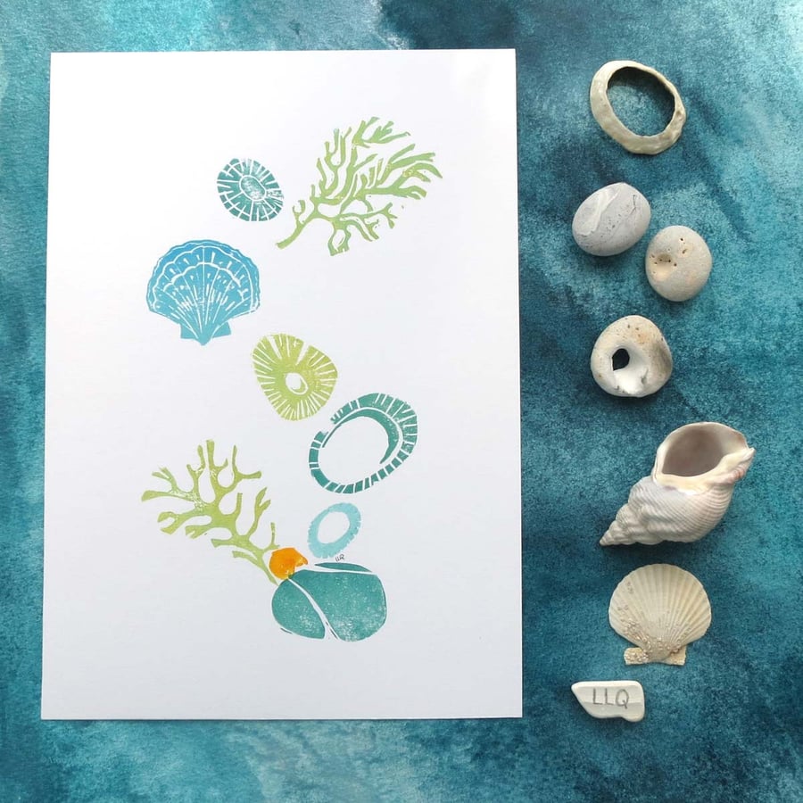 Rockpool lino print OOAK retro seaside seashells, seaweed and pebbles picture