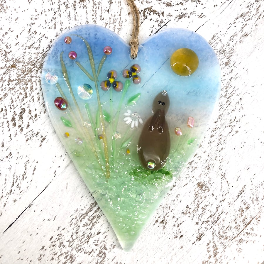 Glass Meadow Heart with Delicate Flowers & a Rabbit