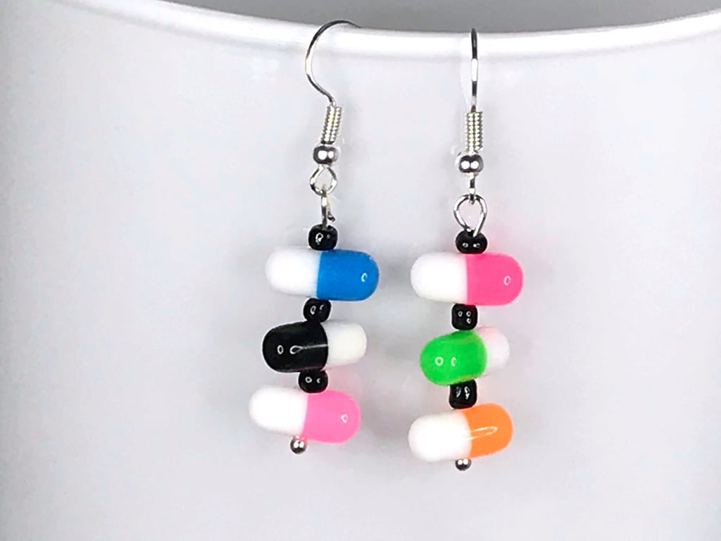 HAPPY PILL EARRINGS kawaii cute fun quirky FESTIVAL RAVE cool nerd medical