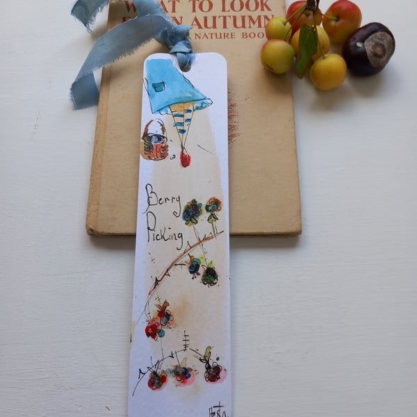  'Berry picking' Hand drawn and painted bookmark with silk ribbon '