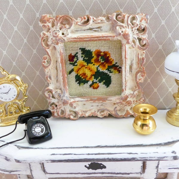 1.12 Scale Miniature Cross Stitch Framed Picture - Floral Design