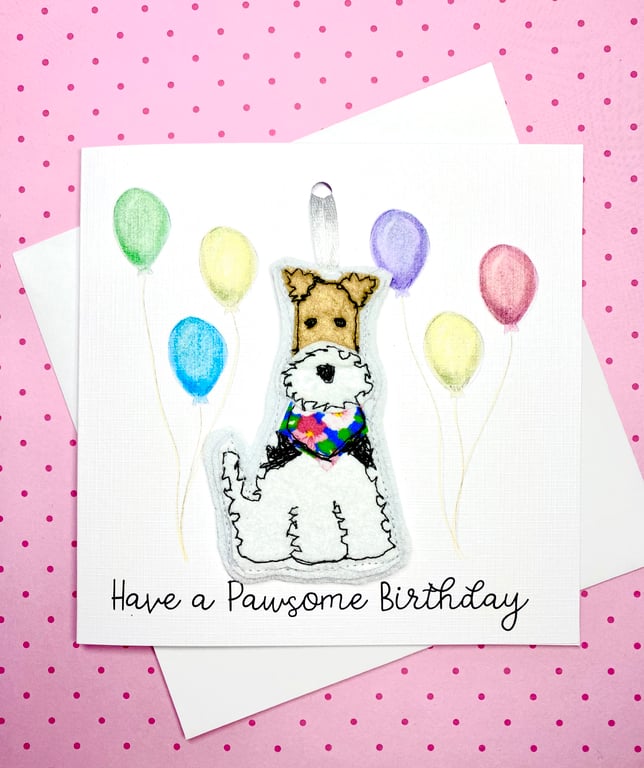 Handmade Birthday Card Fox Terrier Keepsake Birthday Gift Hanging Decoration 